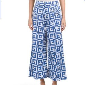 FREE PEOPLE Menorca Wide Leg Blue & White Geometric Print Crop Pants Size 12